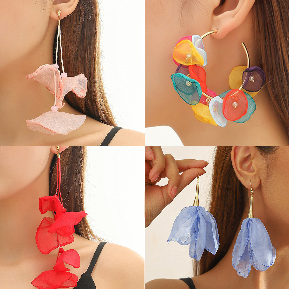 European and American Cross-Border Earrings Flower Tassel Earrings Personalized Earrings Elegant Long Fabric Earrings Red Flower Earrings