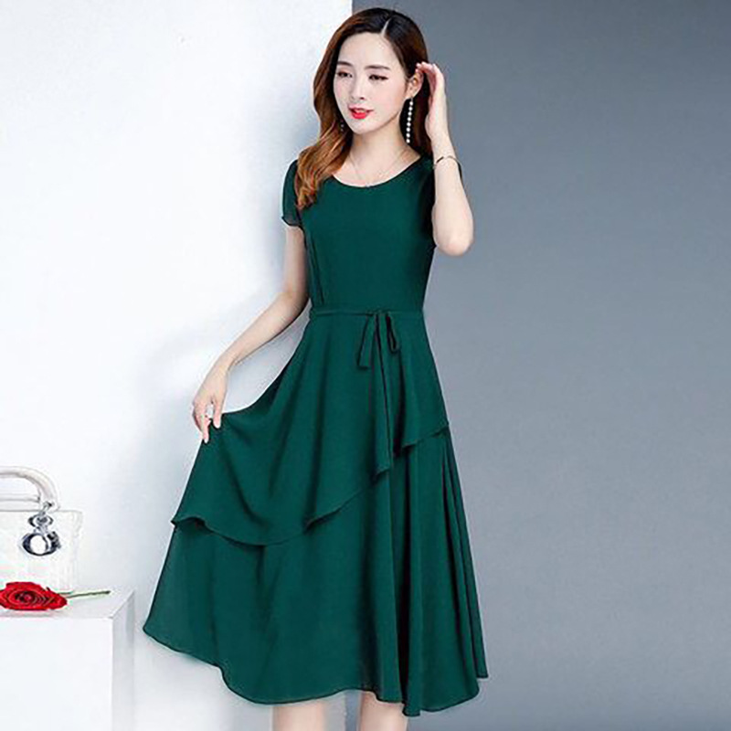 Summer New Style Slimming Look and Age-Reducing Skirt, Elegant Mid-Length A-Line Round Neck Large Size Loose Women's Dress