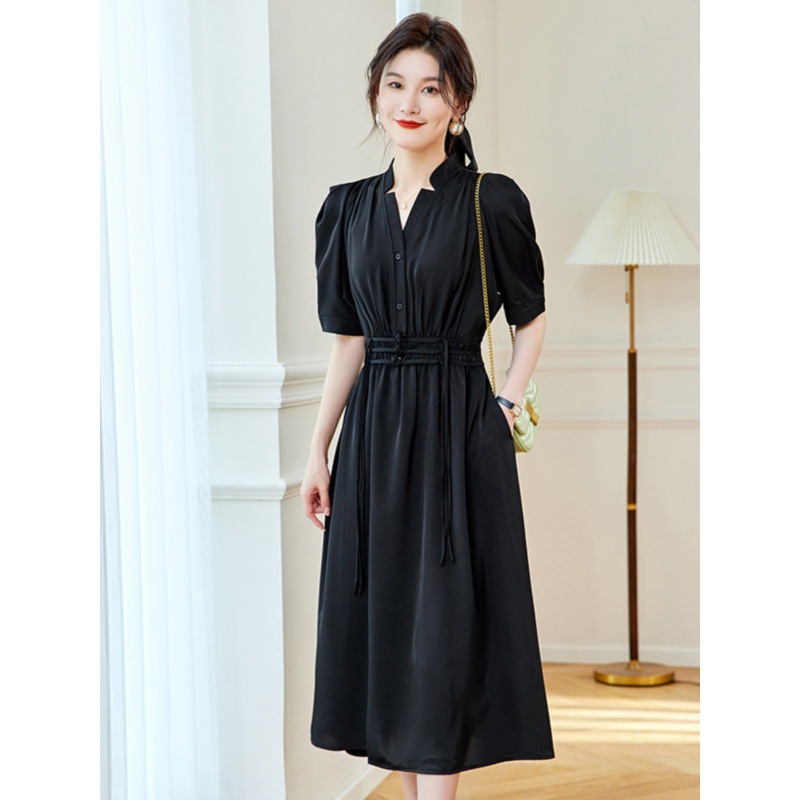 V-neck dress Women's Summer 2024 Summer New Style Elegant Short-sleeved Waist Chiffon Mid-length Skirt