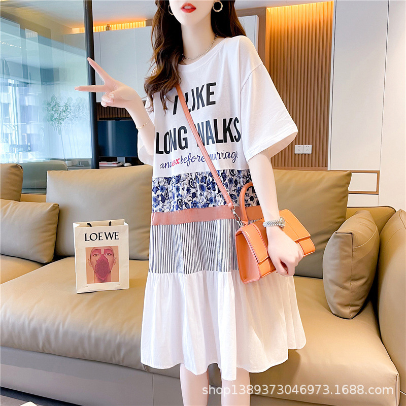 Summer Pleated Dress for Women 2026 Design with Color-Blocking Letter Print, Mid-Length Short-Sleeve Plus-Size T-Shirt Dress