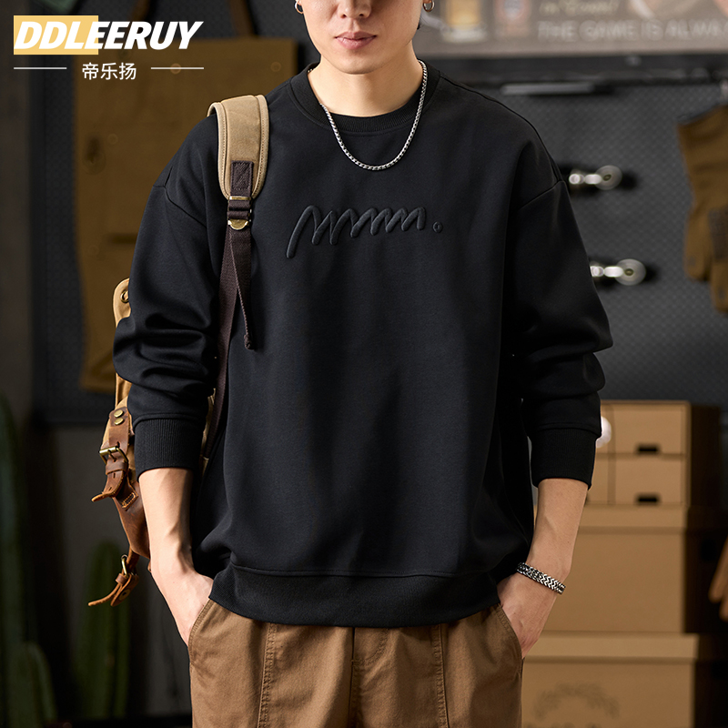 American Style Trendy Brand Embroidered Round Neck Sweatshirt Men's Loose Casual Long Sleeve Top Spring 2025 New Heavy Jacket