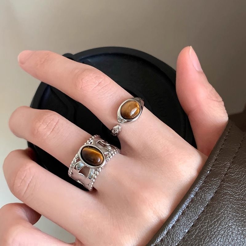Maillard Tiger Eye Stone Wide Ring Women's Casual Niche Design Retro Feeling Fashion Easiest for Match Open Ring