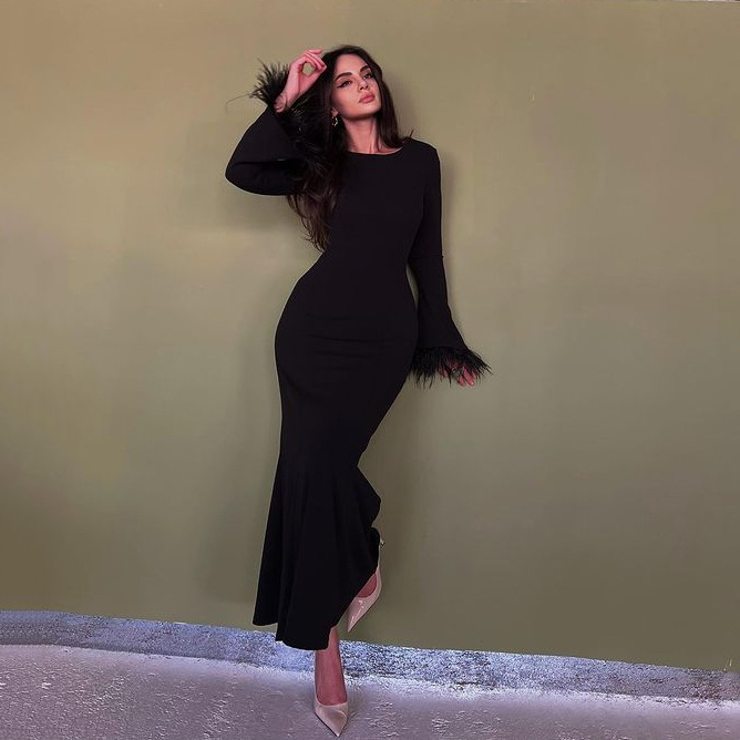 European and American Cross-Border Feather Long Dress, Long Skirt, Hip-Hugging Coat, Women's Knitted Long-Sleeved Dress, Autumn Slimming and Elegant
