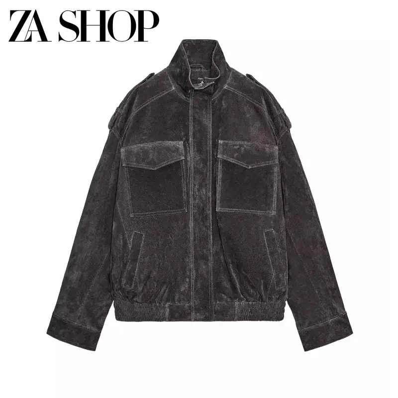 2025 Autumn New Women's Clothing Simple Long Sleeve Stand Collar Casual Suede Texture Leather Jacket 4341770