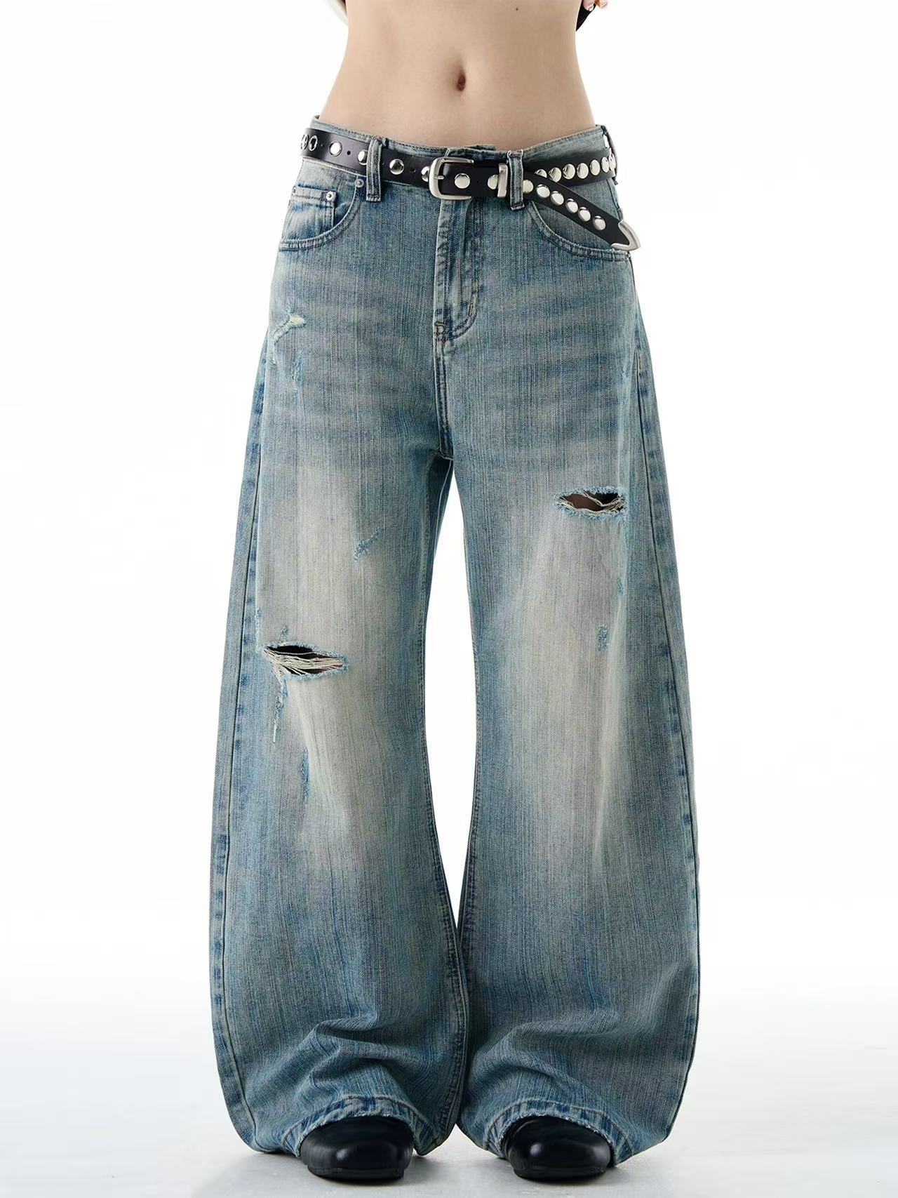 American Retro Distressed Bamboo Pattern Ripped Jeans for Men and Women, Loose Wide-Leg Design, Scimitar Pants, Trendy Brand