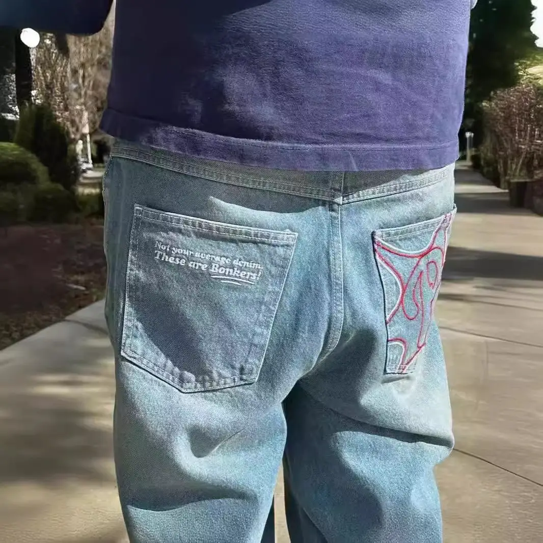 American Street Style Jeans ins Harajuku Hip-Hop Letter Embroidery Loose Jeans Men's Fashion Jeans Straight Leg