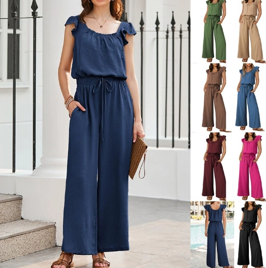 2026 Spring/Summer Cross-Border Trade European and American Style Pleated Square Neck Jumpsuit with Pockets, Solid Color Sleeveless Ruffle Sleeve Romper for Women