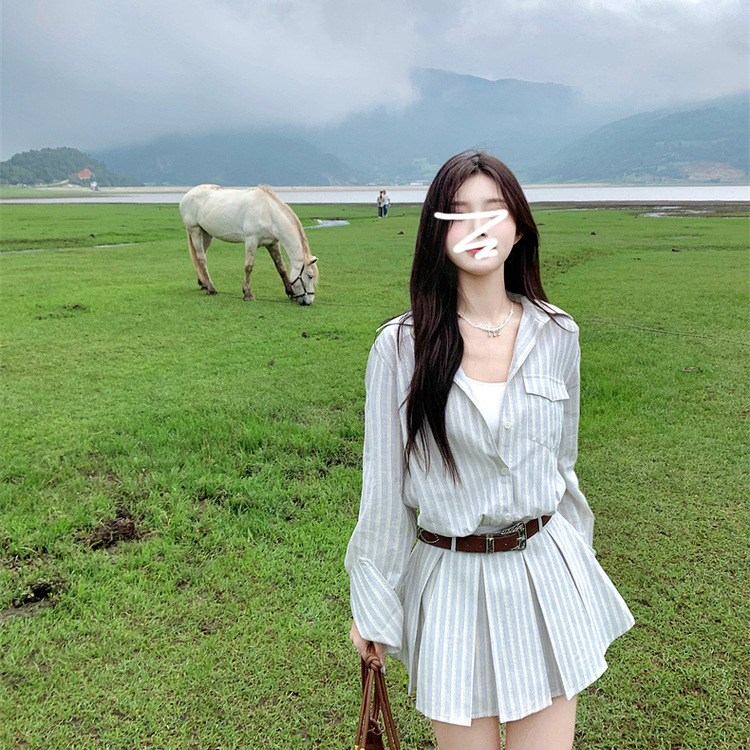 Long-Sleeved Striped Shirt Dress for Women, Autumn 2026 New Style, High-End Vacation Short Dress with a Complete Set