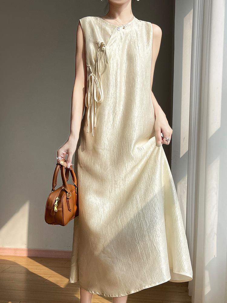 25 New New Chinese Style Sleeveless Dress for Women, Chinese Style Disc Button Diagonal Placket, Elegant Imitation Silk Acetate Satin Dress