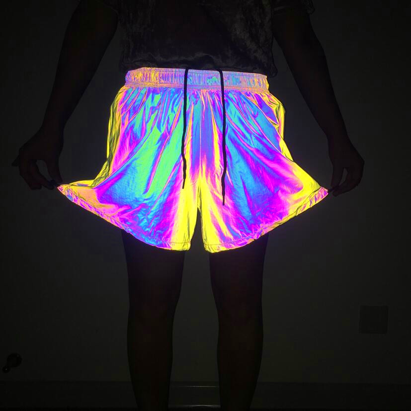 Cross-border Amazon Rainbow Reflective Shorts ins European and American Women's Loose Wide Leg Pants Large Size Laser Sports Shorts