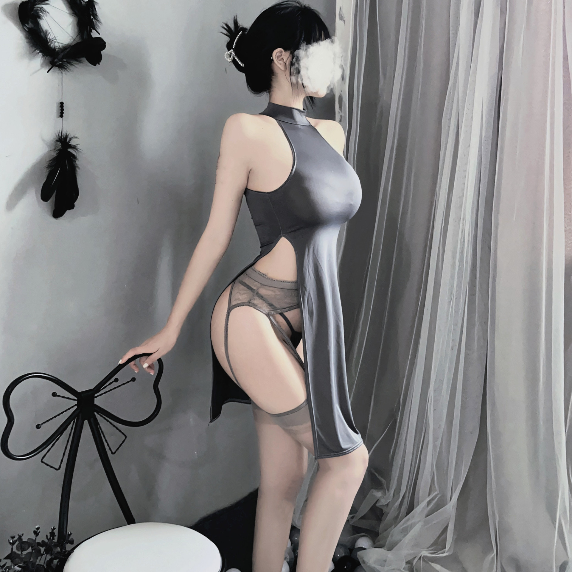 Sexy Lingerie Sexy Cheongsam Split Long Dress Hip-exposed Pajamas Women's Summer High-elastic Large Size Uniform Role-playing Acting Hair
