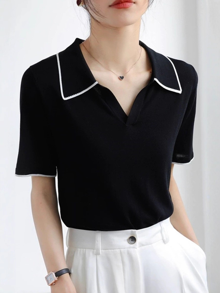 Lapel Right Shoulder Short-Sleeved T-Shirt for Women 25 Summer French Fashion Sense Light Mature Style Knitwear Polo Shirt Top Wholesale