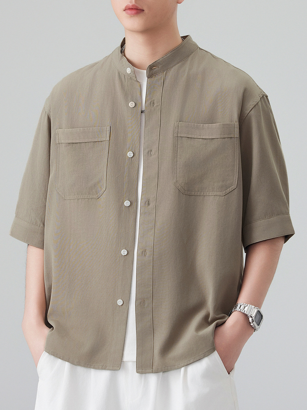 Summer New Style Pocket-Decorated Stand-Collar Short-Sleeve Shirt for Men, Solid Color, Simple, Versatile, Loose-Fitting Casual Work Shirt