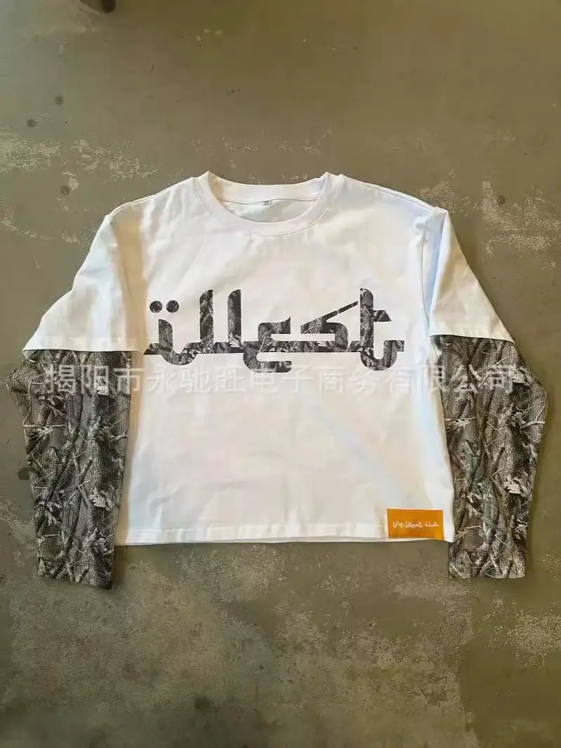 2024 summer new cross-border factory direct niche design stitching letter printing round neck long sleeve t-shirt