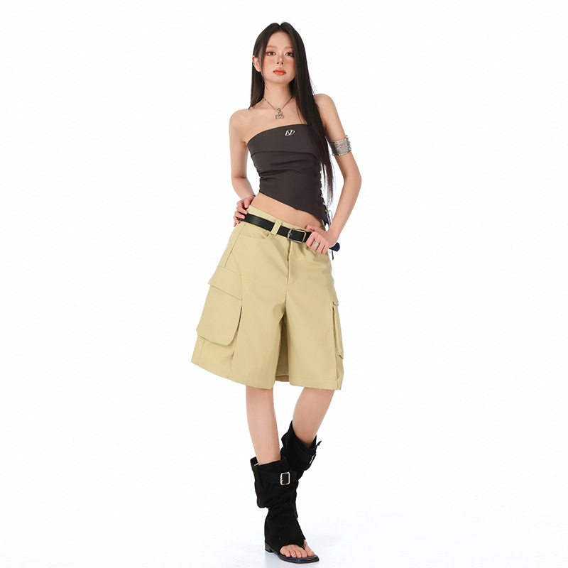 25Th Ootd! Summer New Style Workwear Large Pocket High-Waisted Wide-Leg Loose Five-Point Shorts Casual Pants