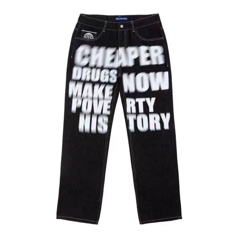2023 cross-border new American tide letters printed jeans men's hip-hop trend loose casual straight pants