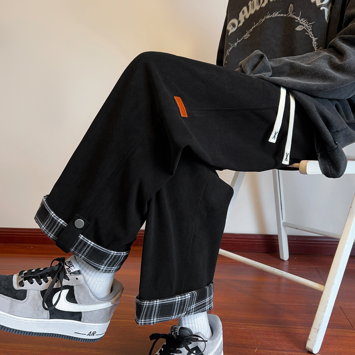 American Plaid flanging casual pants men's 2024 spring ins straight cropped pants loose plus size trendy wide-leg pants