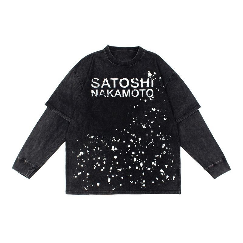 2026 Cross-Border American High Street Style Splash-Ink Retro Letter Fake Two-Piece Loose Long-Sleeve T-Shirt Ins Spring/Summer Trendy Top