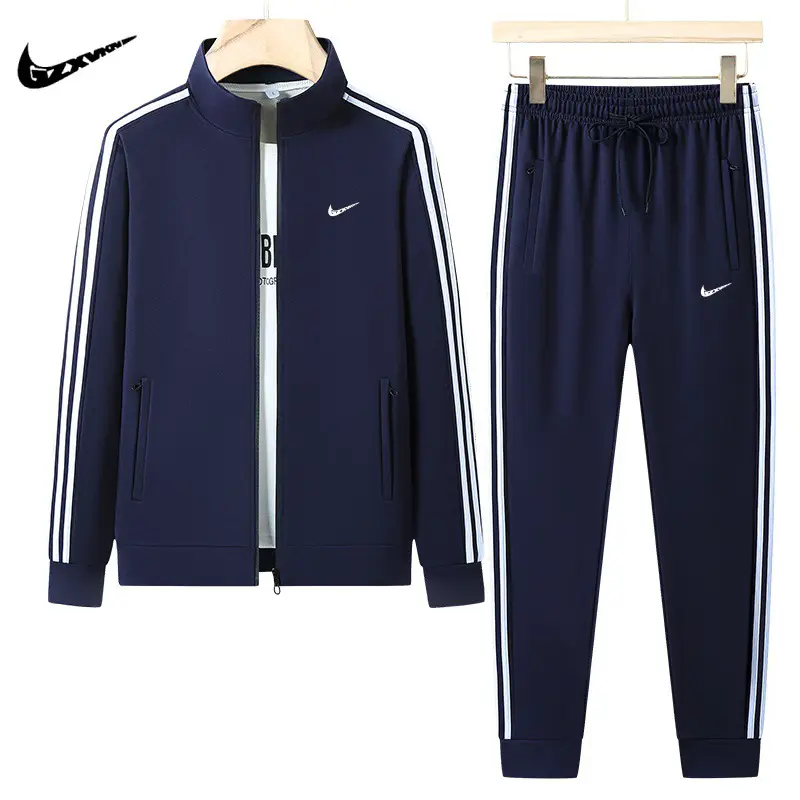 Cross-border Spring and Autumn Casual Sportswear suit Men's Cardigan Collar Color Contrast Loose plus size Morning Run Three-bar Two-piece Set