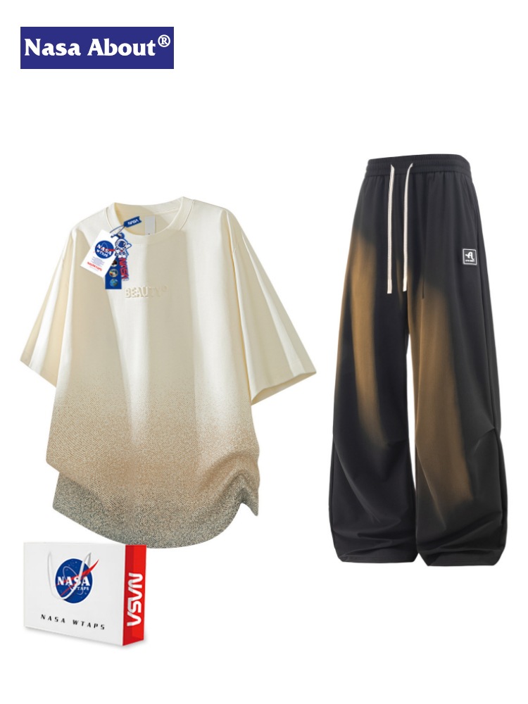Nasa About2026 Gradient Sports Short-Sleeved T-Shirt and Pants Suit for Men, Summer Trendy Casual Versatile Two-Piece Set
