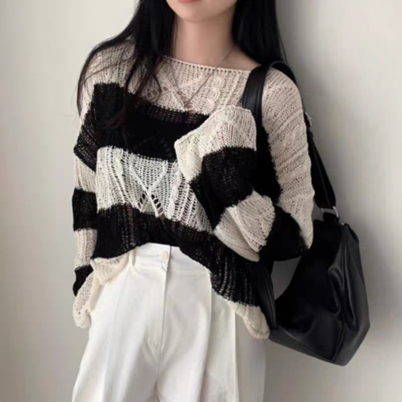 Korean Retro Twist Short Long-Sleeved Striped Sun Protection Sweater Top Thin Loose Design Blouse for Women