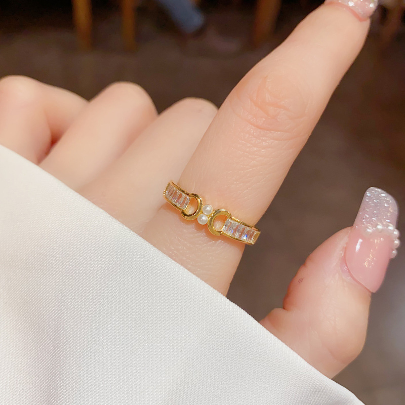 Light Luxury Niche Design Sense Zircon Pearl Ring Women's Elegant Open Ring Fashionable Simple All-match Personalized Ring