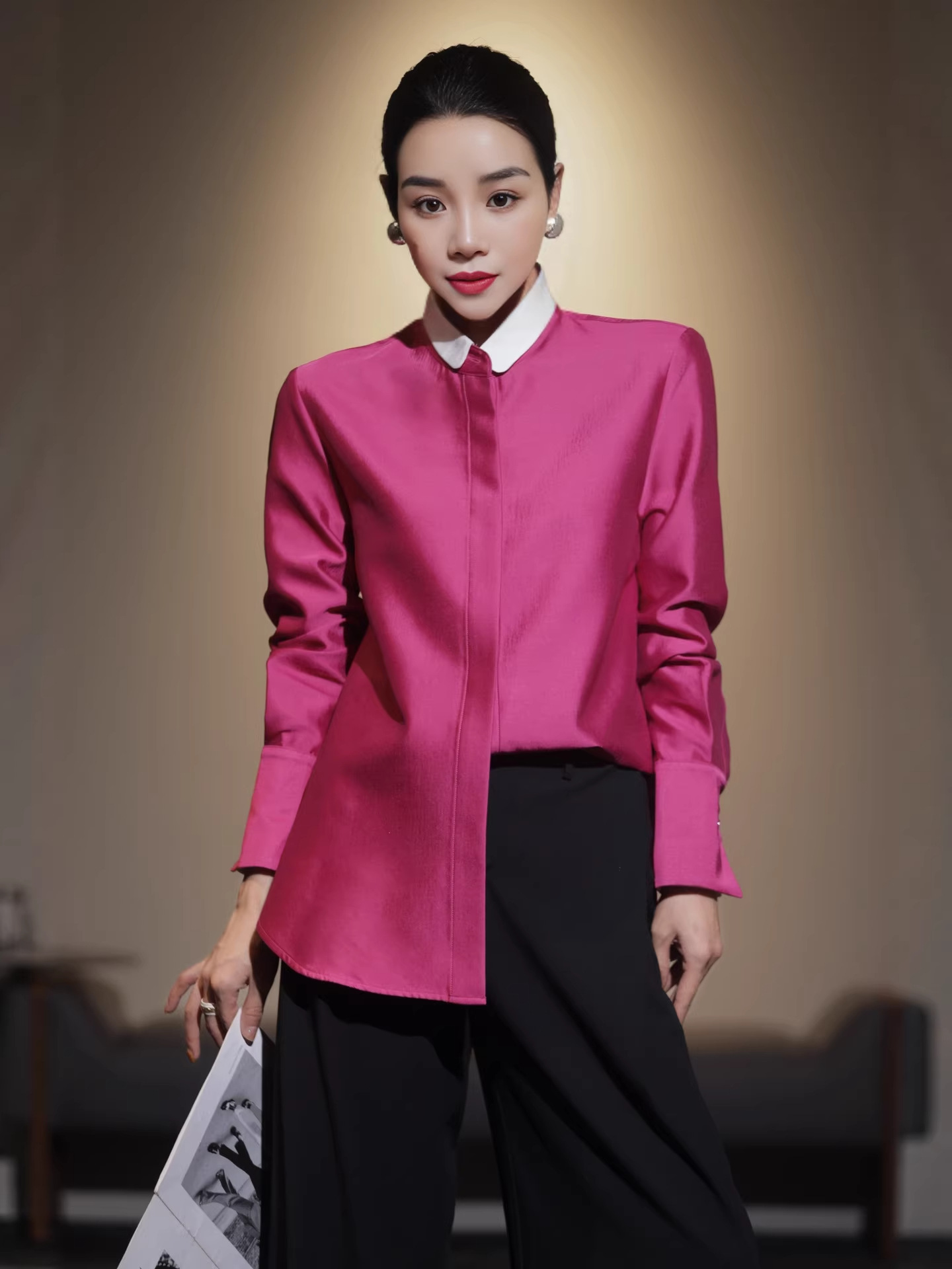 Trendy and High-End Silk Wool Long-Sleeve Shirt for Women, 2026 Spring Season, Mature Style with Doll Collar, Elegant Blouse