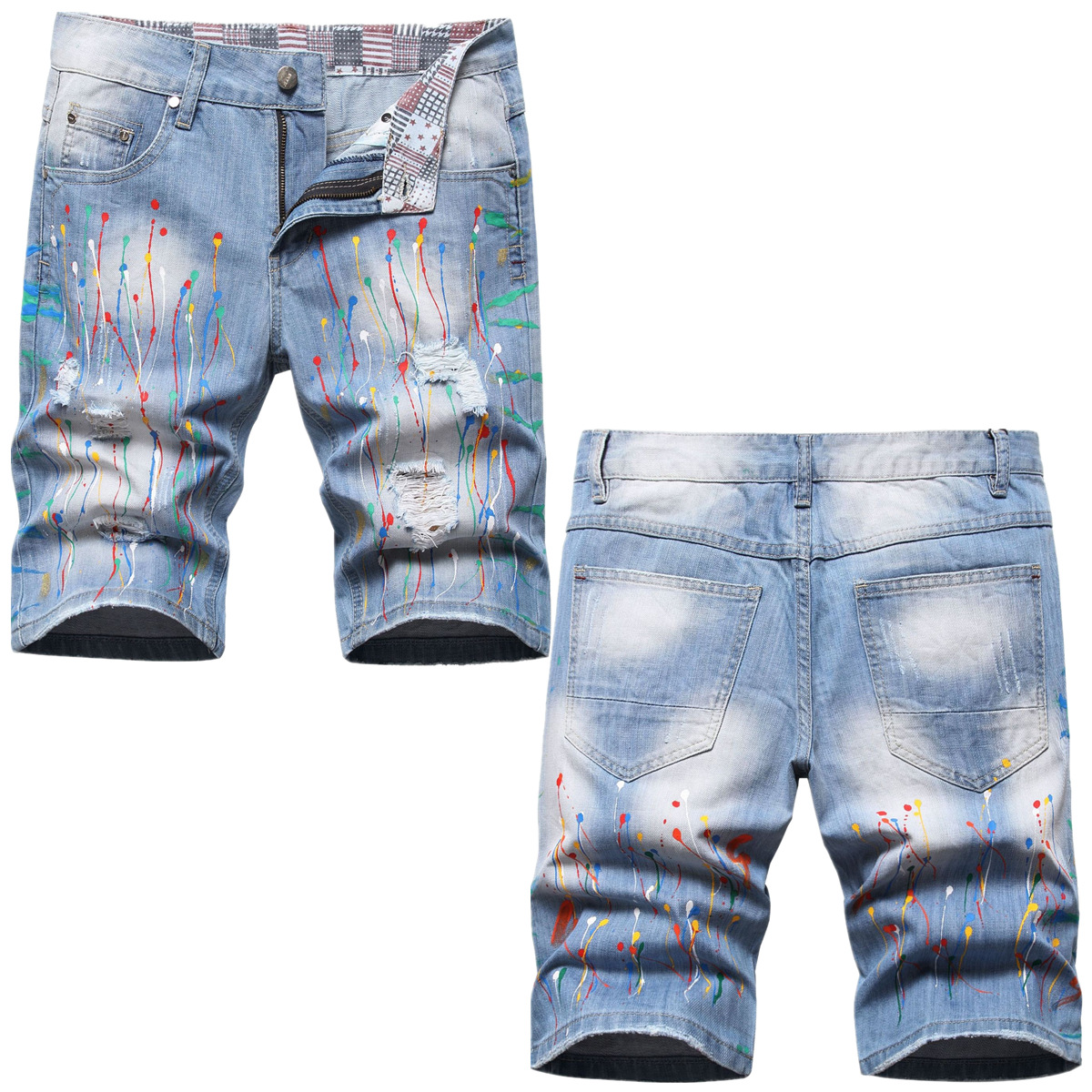 European and American cross-border special summer fashion hip hop style hand-tied color splash paint point grinding hole Denim middle pants for men