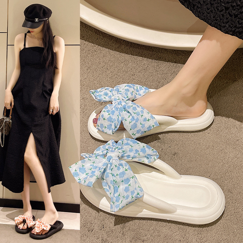 Home Non-slip Flip-flops Simple Soft Bottom Sandals Slippers Female Lady Style Bow Seaside Beach Slippers