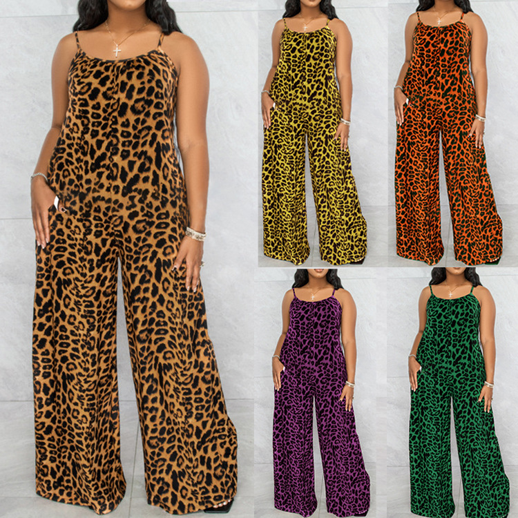 European and American Popular New Jumpsuits Amazon Cross-Border Summer Leopard Print Suspenders Casual Jumpsuits for Women