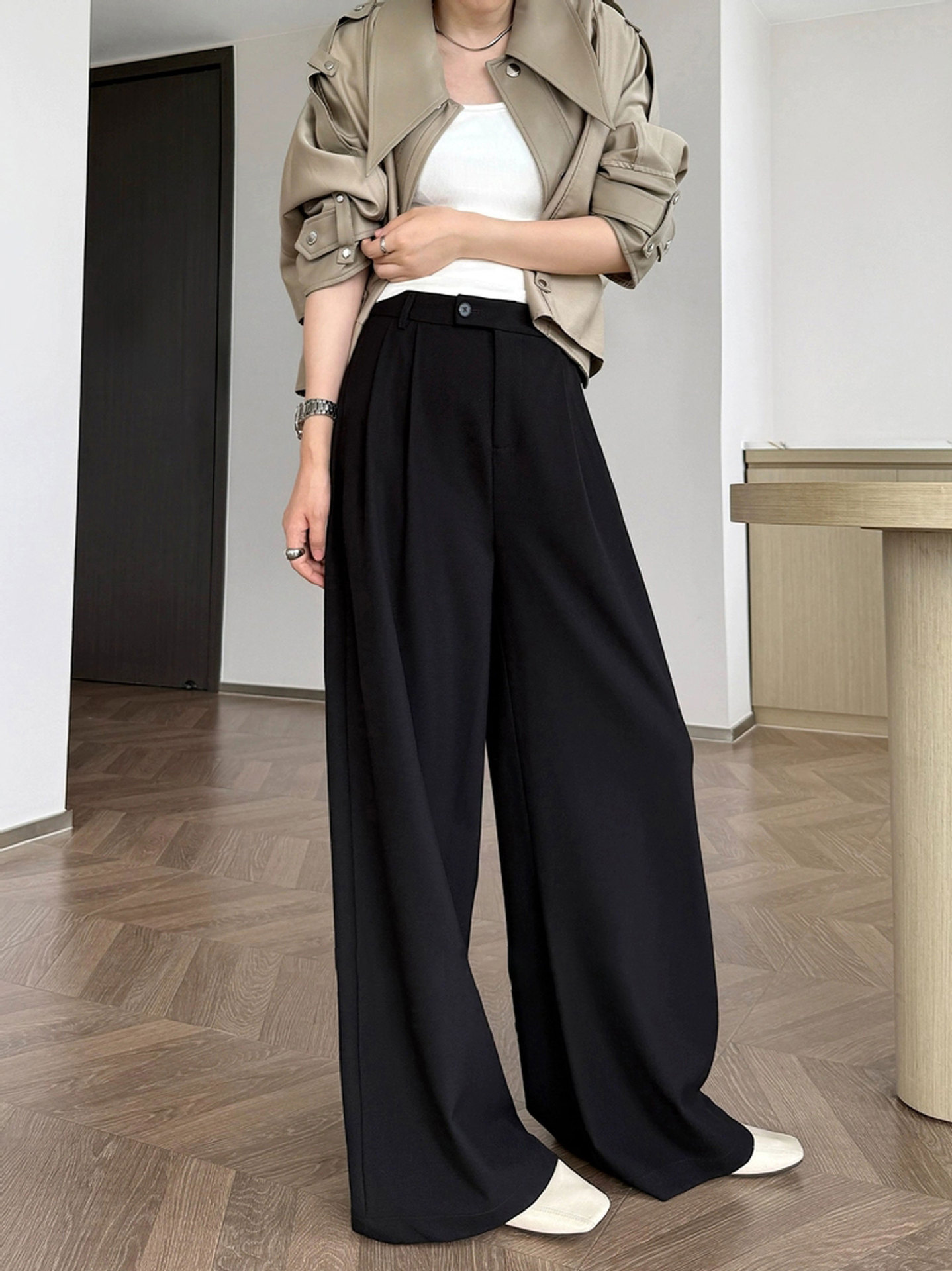 26 Spring Tencel Merino Wool High-Waisted Loose Straight-Leg Lazy Old Money Style Suit Pants with Draping Effect Wide-Leg Pants 25767