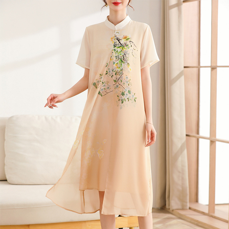 New Chinese-Style Summer Dress for Moms, Stylish Short-Sleeve Dress for Middle-Aged and Elderly Women, Fashionable Improved Cheongsam Long Dress for Summer