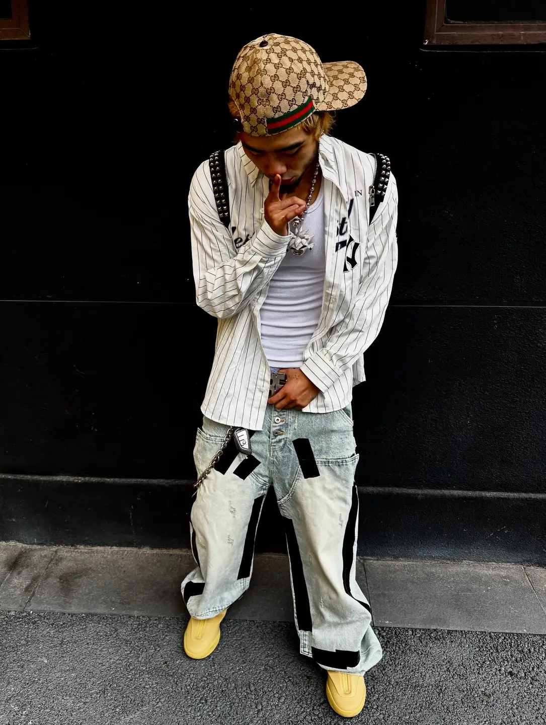 *Rye Chasin Washed Distressed Lumberjack Blue Denim Black Tape Repair Distressed Opium Jeans