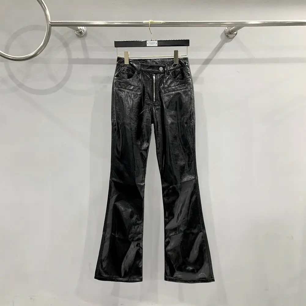 SUBHUMAN women's chic 2024 dark new coated glossy zipper design horn slimming high waist long pants