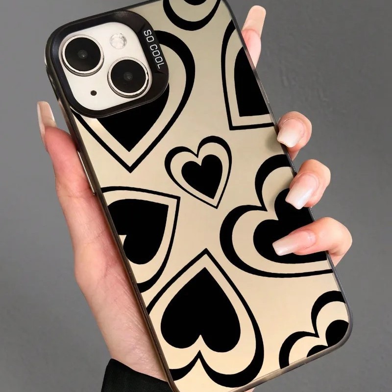 Pure Black Heart-Shaped iPhone 17 Pro Phone Case Apple 16/15/14 Plus Laser 13 Color Silver 12 XS Max 11