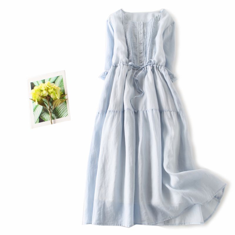 Pick up Leaks~counter Last Order Retro Ramie Short-sleeved Lace-up Dress Linen Elegant Slimming Look Forest Style Long Skirt