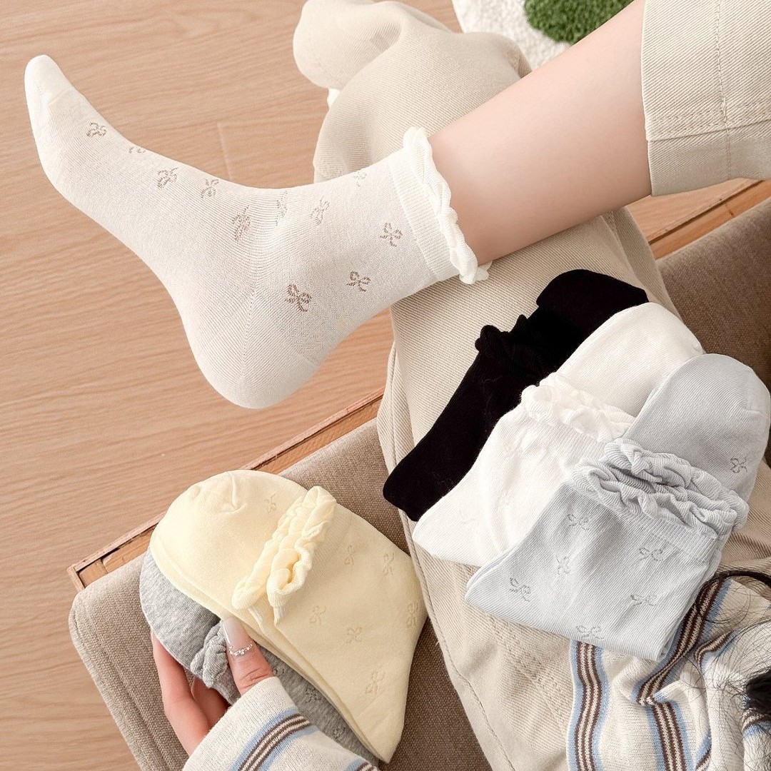 Spring and Summer Thin Hollow-Out Mid-Calf Socks for Women, Bowknot Ballet Style Socks, Japanese Style Bubble Edge Lace Pile Socks