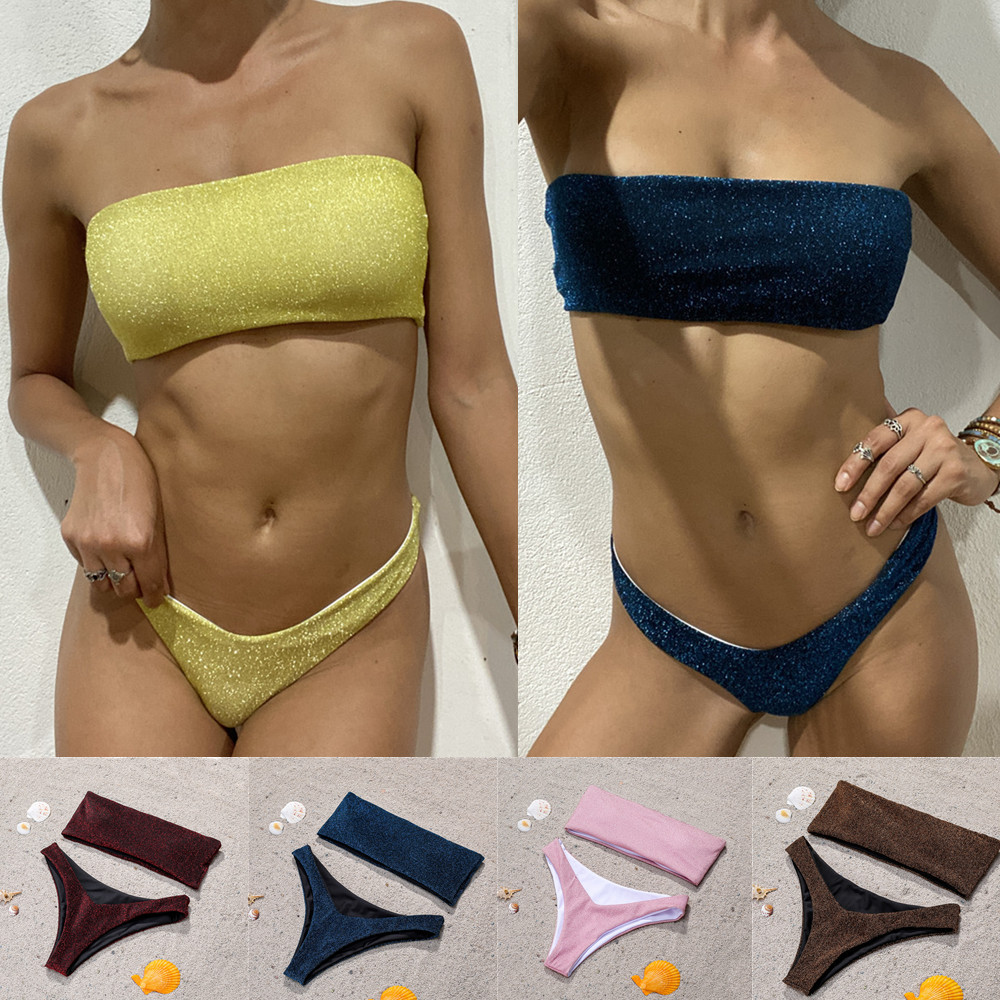 2020 European and American Gold and Silver Thread Fabric Sexy Strapless High-Waisted Bikini Aliexpress Amazon Swimwear Quick-Drying Swimwear