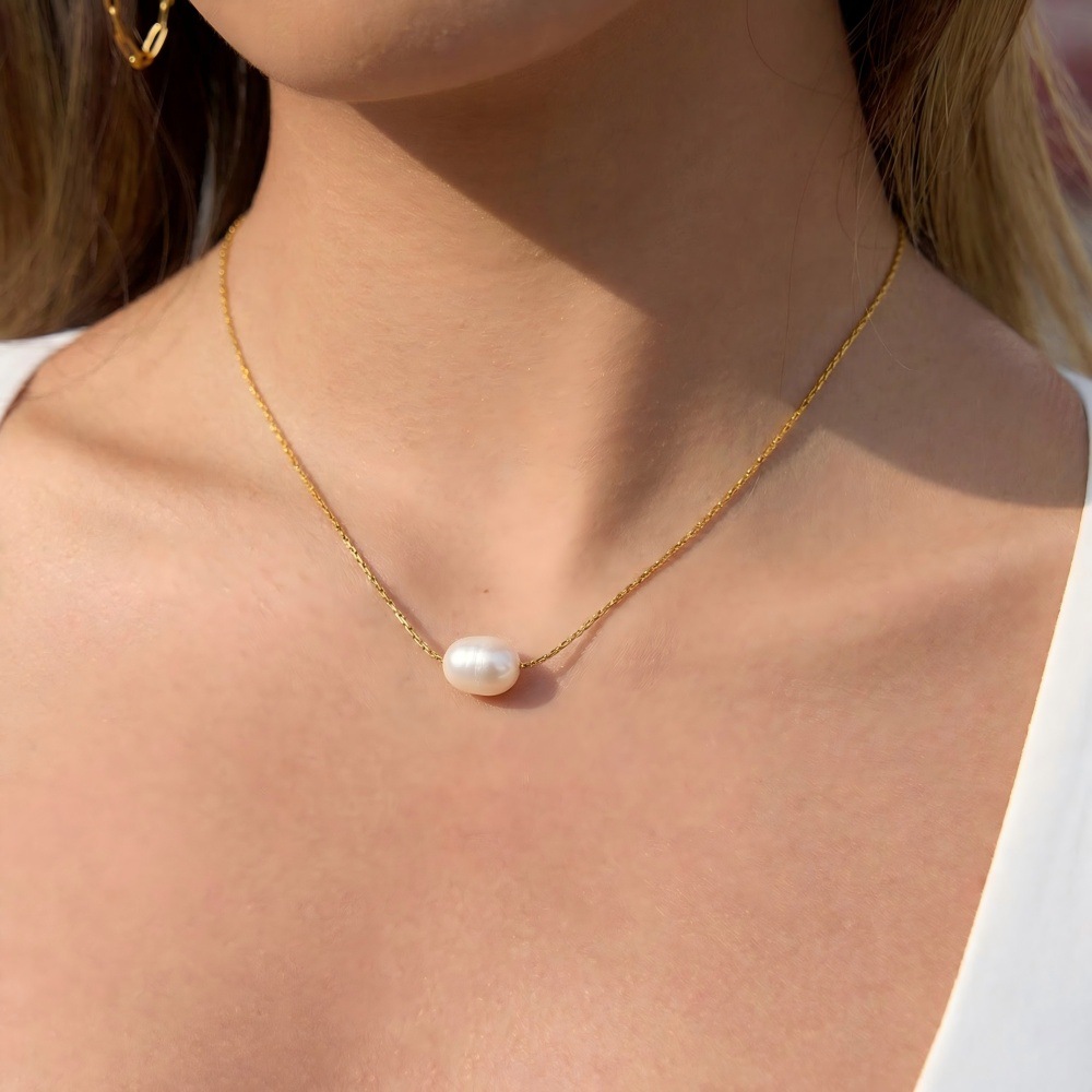Simple Japanese and Korean Style Freshwater Pearl Necklace, Stainless Steel Vacuum-Plated 18K Gold Versatile Color-Preserving Jewelry Wholesale