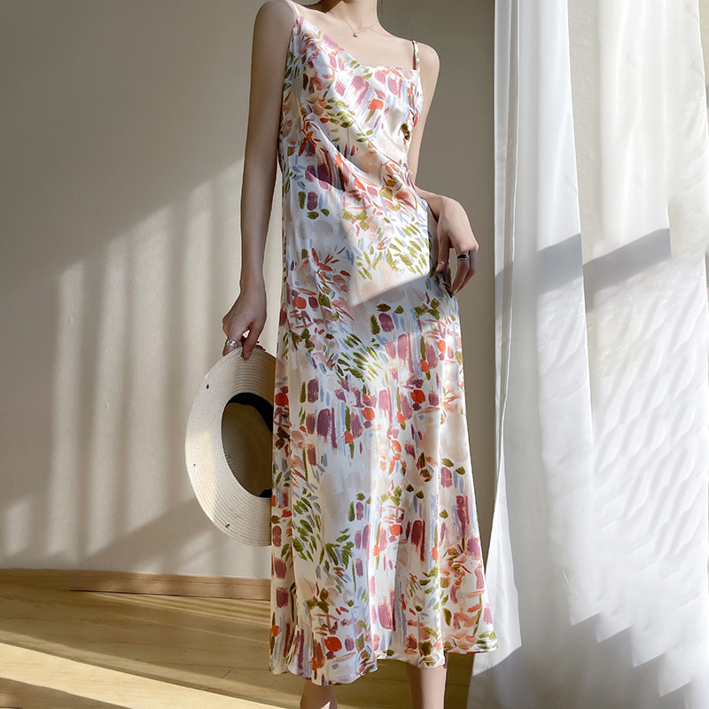 French Acetic Acid Satin Sling Dress Women's Summer Slim V-Neck A- Line Long Dress Outwear Celebrity Style Thin Floral Dress
