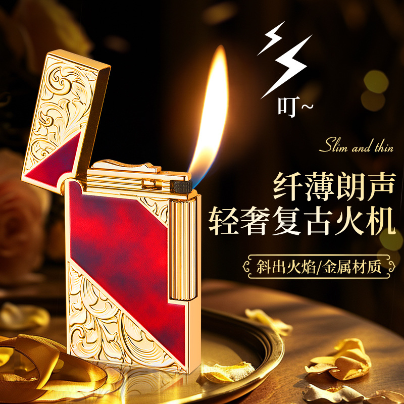 New Slim Steel Sound Langsheng Light Luxury Retro Lighter Inflatable Fire Sideslip Grinding Wheel Oblique Fire Metal Lighter