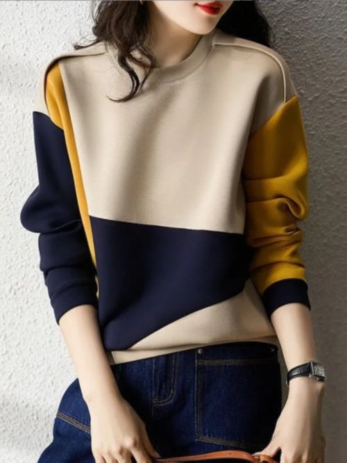 Commuter Color-Blocked Loose Cotton Sweatshirt 2026 Spring and Autumn Round Neck Long-Sleeve Base Shirt Sweatshirt for Women