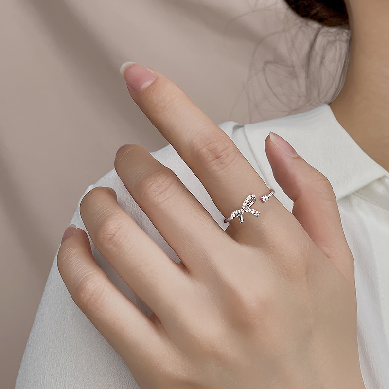 Ancient Cat Ning Hollow Bow Open Ring Japanese and Korean Version Micro-Inlaid Zircon Cold Style Index Finger Ring for Women Sweet