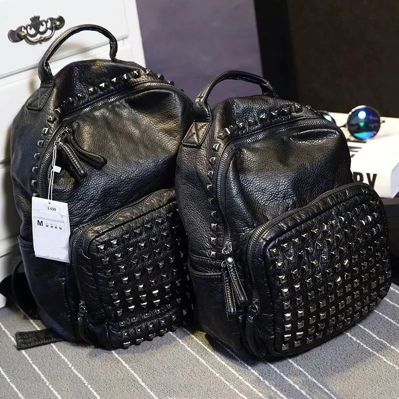 Made of genuine leather, soft leather, large capacity, fashionable rivet backpack for both male and female students, 2025 new model, versatile backpack for outdoor use