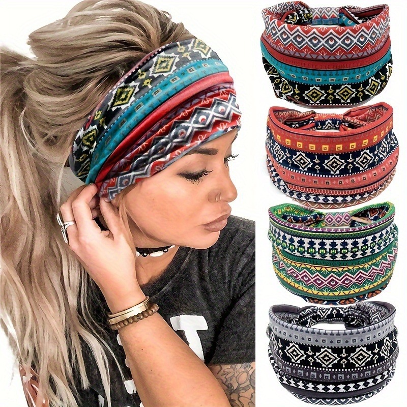 European and American Style Printed Headband, Bohemian Hairband, Sports Hairband, Sweat-Absorbent Headscarf, Women's Yoga Wide-Brimmed Headwear