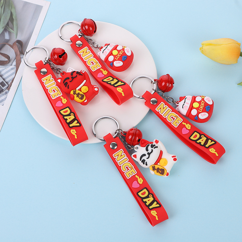 Cartoon 3D Lucky Cat Keychain Couple Car Pendant Pvc Resin Figurine Bag Strap Gift Wholesale