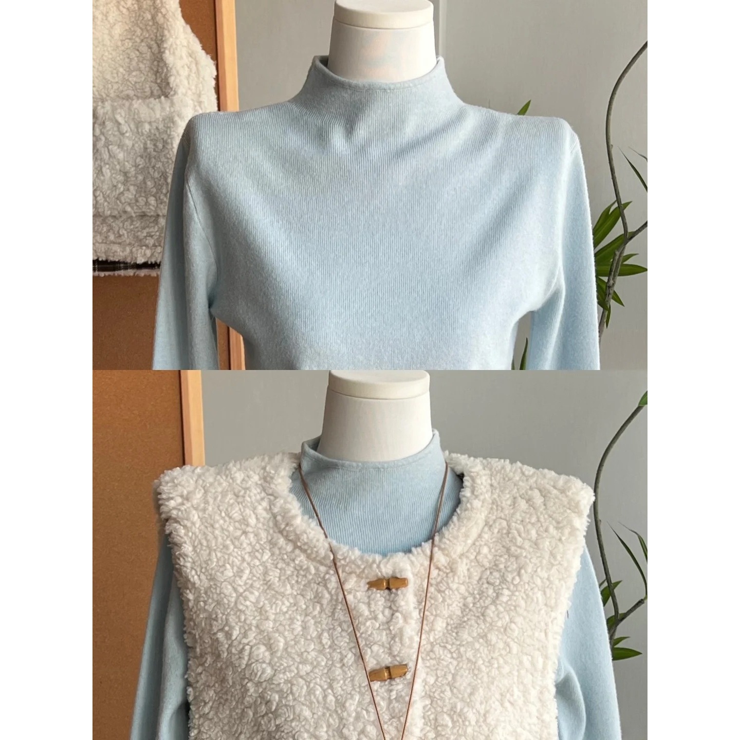 Sea Salt Blue Soft Semi-Turtleneck Sweater for Women, 2025 Autumn and Winter Stylish Layered Slim-Fit Knit Top Base Shirt