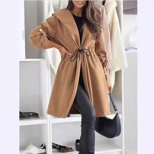 2026 European and American Cross-Border Amazon Fashion Lace-Up Hooded Lapel Women's Casual Long-Sleeve Autumn and Winter New Style Jacket