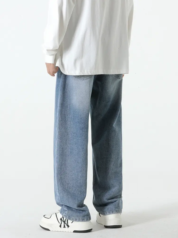 Autumn and Winter new fashion brand jeans men's elastic waist stitching loose wide-leg pants men's retro high street stretch trousers