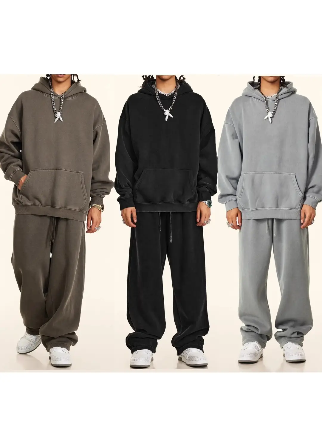Kanye Kanye American-Style Vintage Heavy Hoodie Autumn and Winter Two-Piece Set Loose Couple Fleece-Lined Long Pants for Men